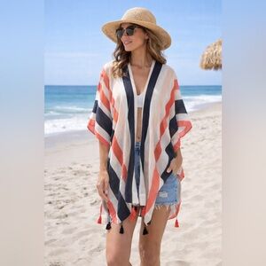 ANN TAYLOR Woman’s Striped Tassel Linen Kimono Coverup ONESIZE